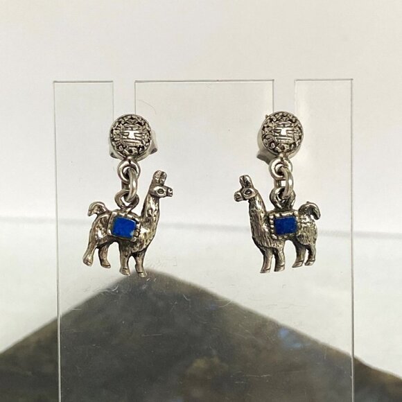 Sterling Silver 925 Southwest Style Llama Alpaca Lapis Dangle Drop Earrings - Picture 2 of 16